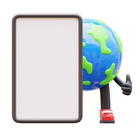 Earth Character Presenting Blank Paper Board  3D Illustration