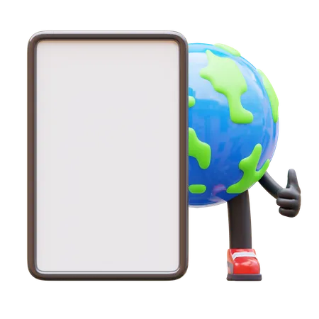 Earth Character Presenting Blank Paper Board  3D Illustration