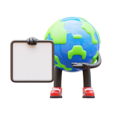 Earth Character Presenting Blank Paper Board  3D Illustration