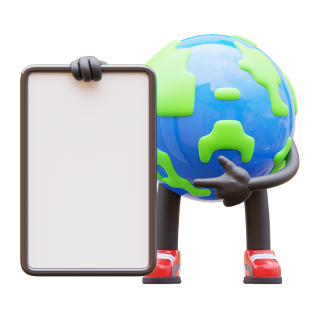 Earth Character Presenting Blank Paper Board  3D Illustration