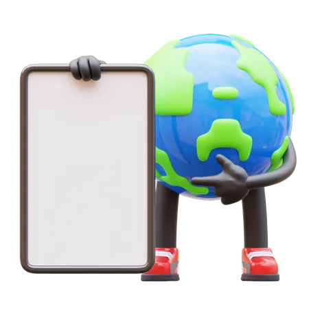 Earth Character Presenting Blank Paper Board  3D Illustration