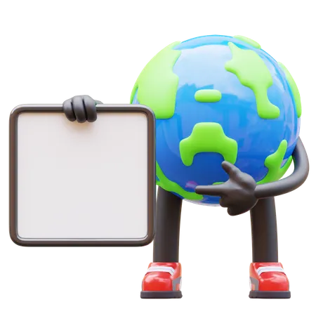 Earth Character Presenting Blank Paper Board  3D Illustration