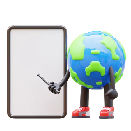 Earth Character Presenting Blank Paper Board  3D Illustration