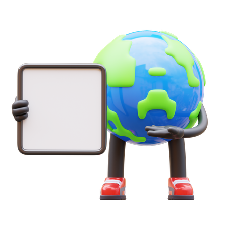 Earth Character Presenting Blank Paper Board  3D Illustration