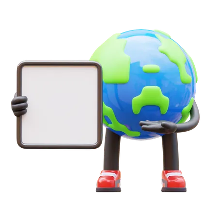 Earth Character Presenting Blank Paper Board  3D Illustration