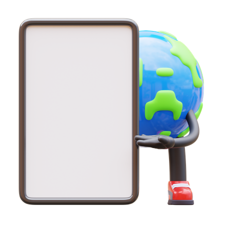 Earth Character Presenting Blank Paper Board  3D Illustration