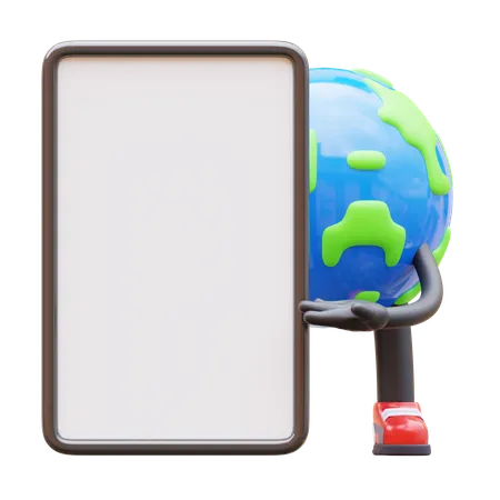 Earth Character Presenting Blank Paper Board  3D Illustration