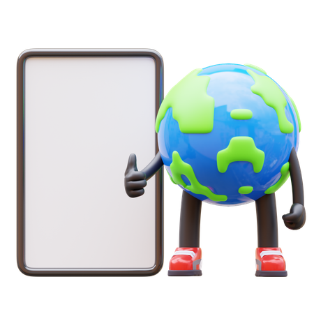 Earth Character Presenting Blank Paper Board  3D Illustration