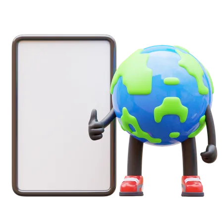 Earth Character Presenting Blank Paper Board  3D Illustration