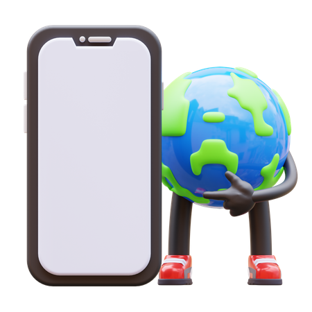 Earth Character Presenting Blank Smartphone Screen  3D Illustration