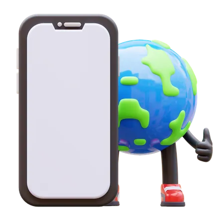 Earth Character Presenting Blank Smartphone Screen  3D Illustration