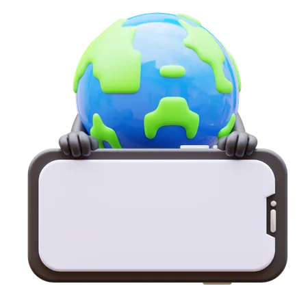 Earth Character Presenting Blank Smartphone Screen  3D Illustration