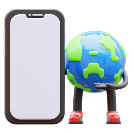 Earth Character Presenting Blank Smartphone Screen  3D Illustration