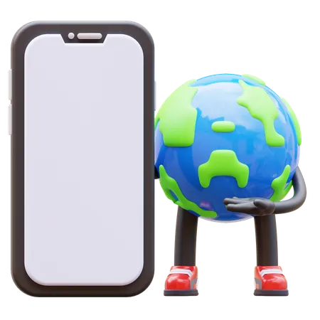 Earth Character Presenting Blank Smartphone Screen  3D Illustration