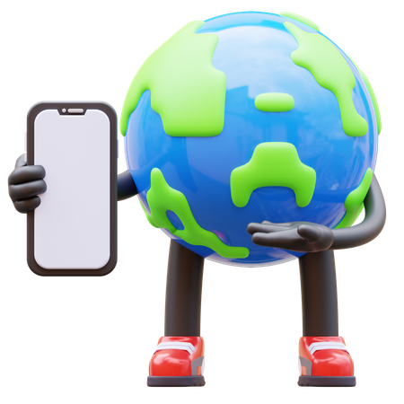 Earth Character Presenting Blank Smartphone Screen  3D Illustration