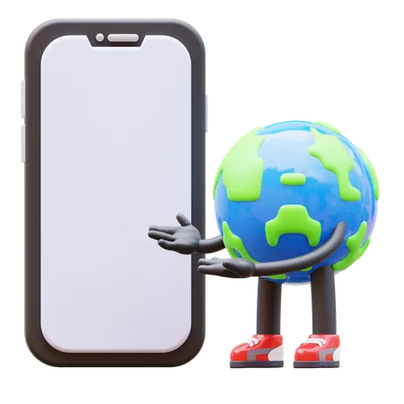 Earth Character Presenting Blank Smartphone Screen  3D Illustration