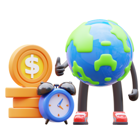 Earth Character Time Is Money  3D Illustration