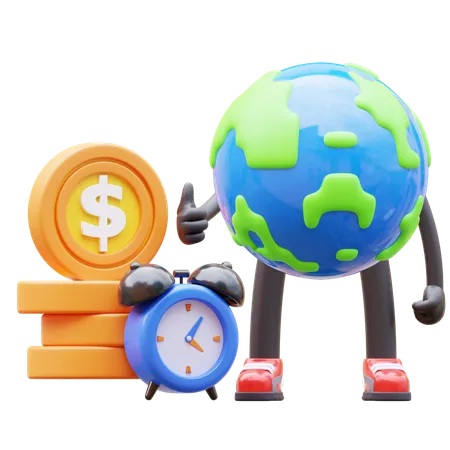 Earth Character Time Is Money 3D Illustration