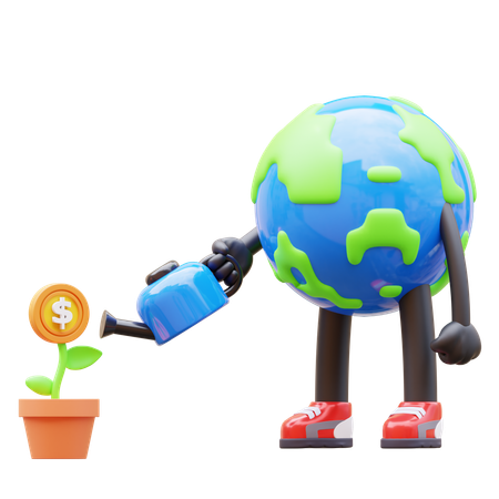 Earth Character Watering Money Plant For Investment  3D Illustration