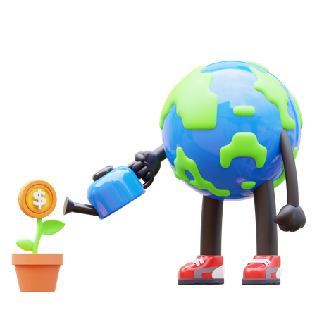 Earth Character Watering Money Plant For Investment  3D Icon