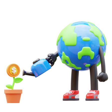 Earth Character Watering Money Plant For Investment  3D Illustration