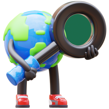 Earth Character With Magnifying Glass  3D Illustration