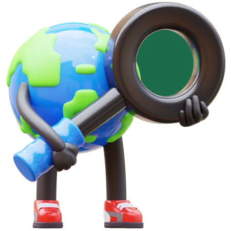 Earth Character With Magnifying Glass 3D Illustration