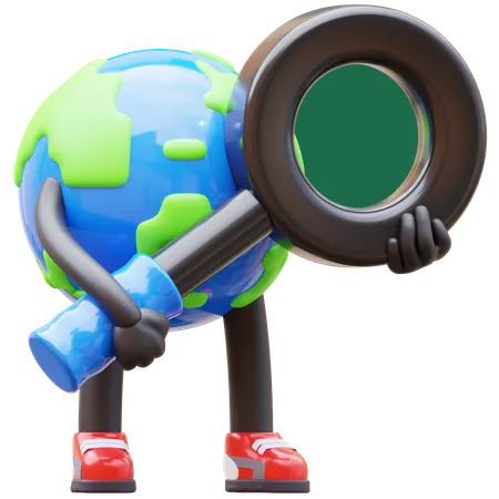 Earth Character With Magnifying Glass  3D Illustration