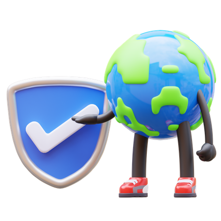 Earth Character With Verified Shield  3D Illustration