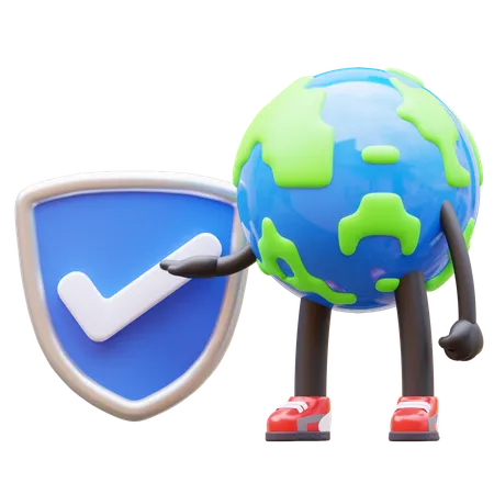 Earth Character With Verified Shield  3D Illustration