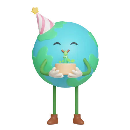 Earth Character Holding A Plant Cake Celebration Eco Global Warming Icons 3 D Illustration 3D Icon