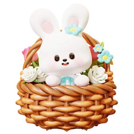 Cute Cartoon 3 D Easter Rabbit In The Wooden Basket With Roses And Tulips Flowers Happy Easter Day Festival Spring Holiday 3D Icon