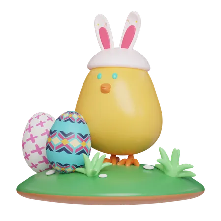 Cute Easter Chick Wearing Bunny Ears With Eggs Easter Egg Icons 3 D Illustration Easter Festive 3D Icon