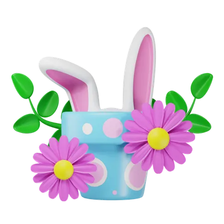 Easter Day Flower Pot With Rabbit Ears 3D Icon