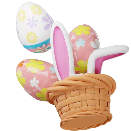 Easter Day Eggs Basket With Ears Rabbit 3D Icon