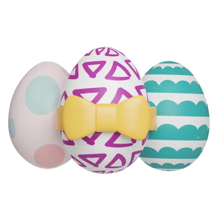 Trio Of Decorated Easter Eggs With Patterns Easter Egg Lollipop With Yellow Bow Decoration Easter Egg Icons 3 D Illustration Easter Festive 3D Icon
