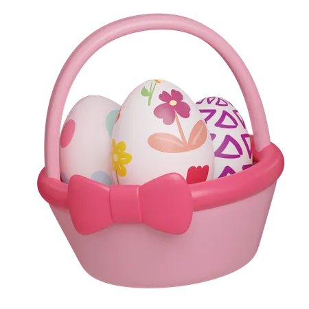 Decorative Easter Eggs In Pink Basket With Bow Easter Egg Icons 3 D Illustration Easter Festive 3D Icon