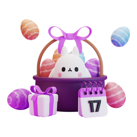 Easter egg basket with bunny  3D Illustration