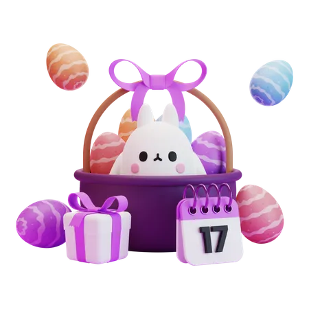 Easter egg basket with bunny  3D Illustration