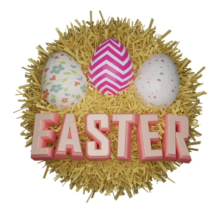 Three Eggs And Easter Text In The Nest 3D Illustration