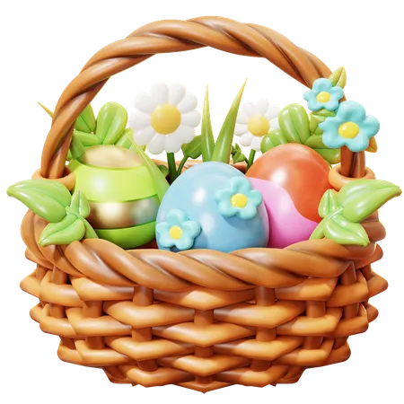 Cute Cartoon 3 D Easter Eggs In The Wooden Basket With Flowers Happy Easter Day Festival Spring Holiday 3D Icon