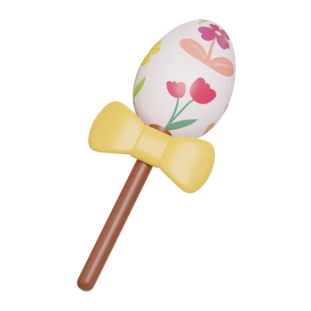 Easter Egg Lollipop With Yellow Bow Decoration Easter Egg Wand With Colorful Bows Easter Egg Icons 3 D Illustration Easter Festive 3D Icon