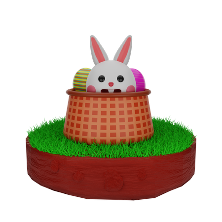 Easter Rabbit in basket with eggs  3D Illustration