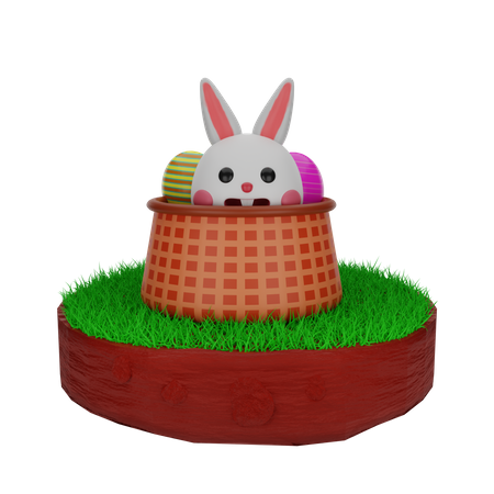 Easter Rabbit in basket with eggs 3D Illustration