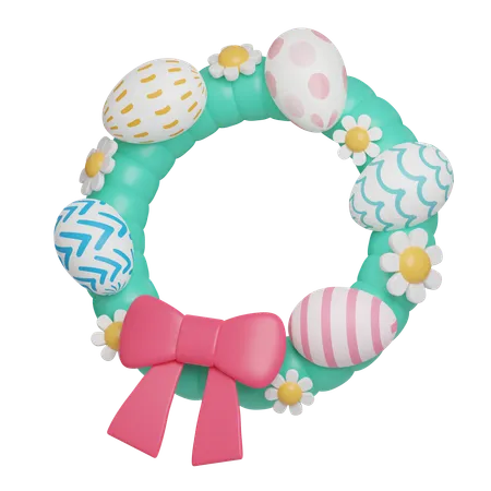 Floral Easter Egg Wreath With Pink Bow Easter Egg Icons 3 D Illustration Easter Festive 3D Icon