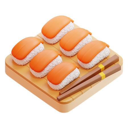 Ebi Nigiri Sushi On Wooden Plate With Chopsticks  3D Icon