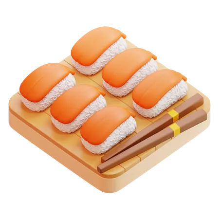Ebi Nigiri Sushi On Wooden Plate With Chopsticks  3D Icon