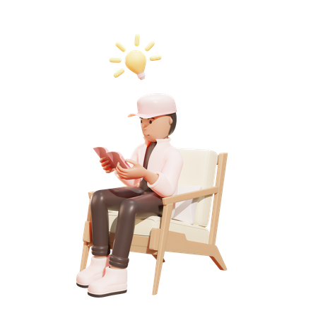 Écolier lisant un livre tout en étant assis sur un fauteuil  3D Illustration