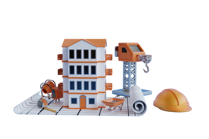 Edificio En Proceso De Construcción Sobre Los Planos  3D Icon