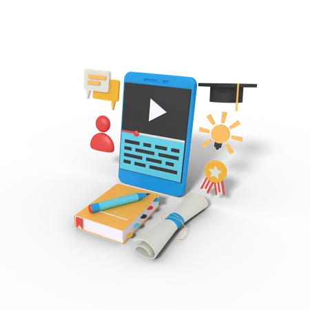 Education streaming app on phone  3D Illustration